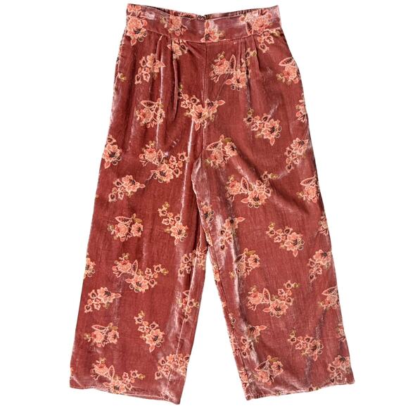 Hutch Anthropologie Pink Combo Orange Floral Burnout Velvet Velour Pants Size M - Picture 2 of 12